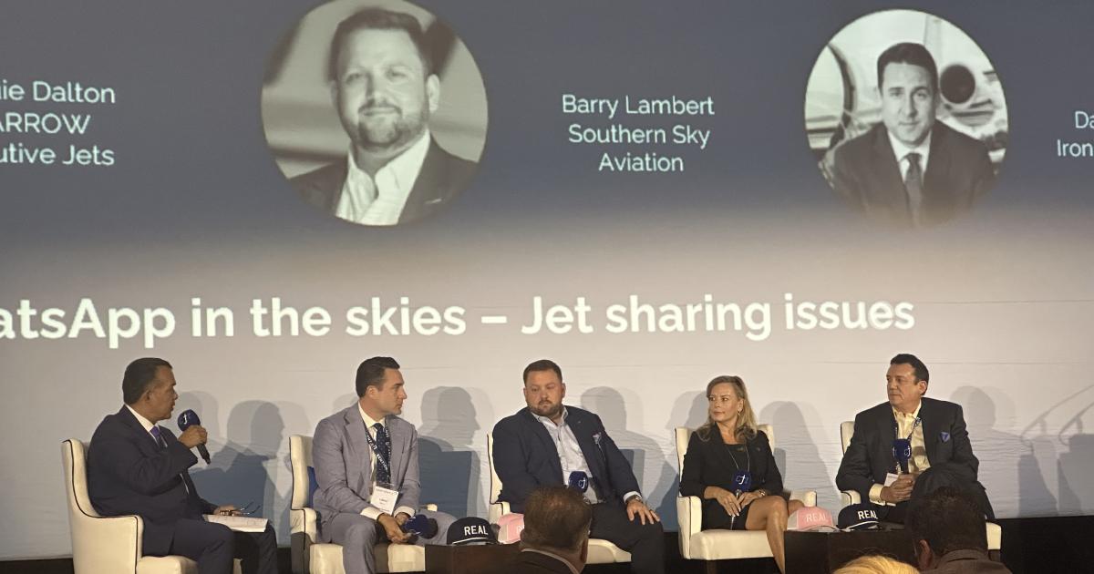 From left: moderator David Hernandez, Vedder Price; Dan Harris, Ironbird Partners; Barry Lambert, Southern Sky Aviation; Jacquie Dalton, Sparrow Executive Jets; Wade Black, Magnifica Air at the Corporate Jet Investor Conference Illegal Jet-seat Selling Discussion